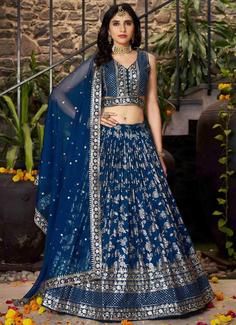 Zari Weaving Embroidered Jacquard Silk Dove Blue Lehenga Choli Set