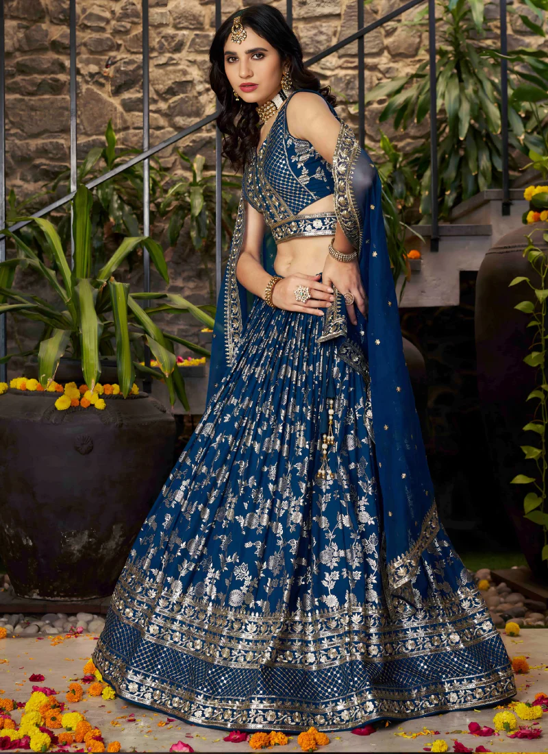 Zari Weaving Embroidered Jacquard Silk Dove Blue Lehenga Choli Set - Image 5