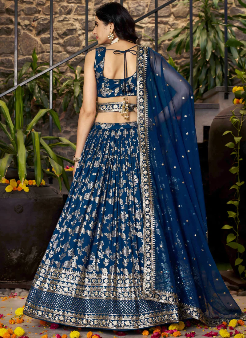 Zari Weaving Embroidered Jacquard Silk Dove Blue Lehenga Choli Set - Image 6