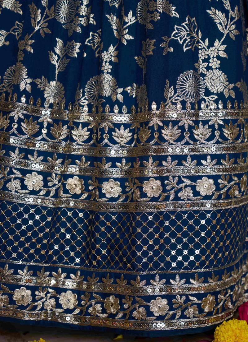 Zari Weaving Embroidered Jacquard Silk Dove Blue Lehenga Choli Set - Image 8