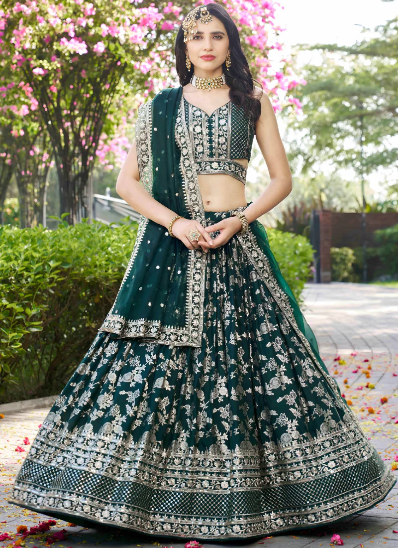 Zari Weaving Sequence Embroidered Dark Green Silk Lehenga Choli Set