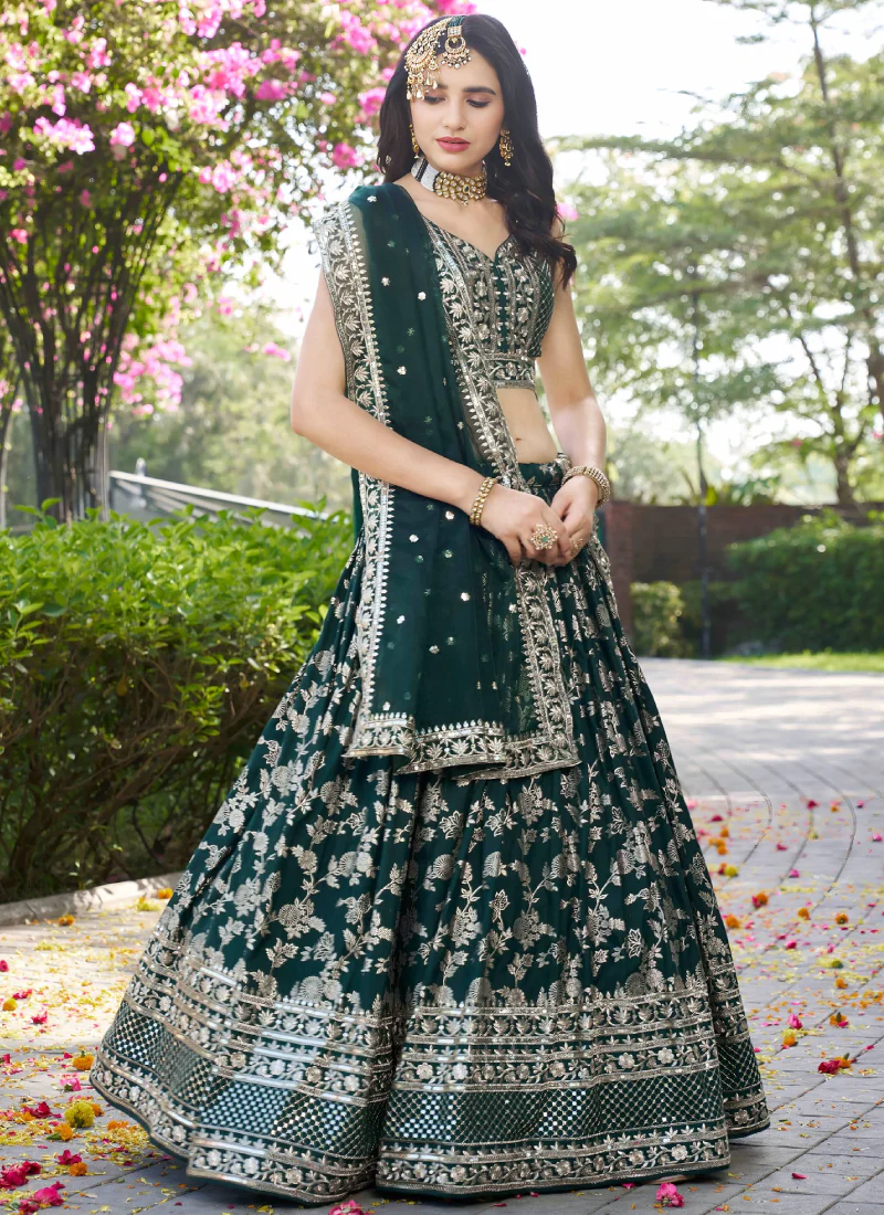 Zari Weaving Sequence Embroidered Dark Green Silk Lehenga Choli Set - Image 3