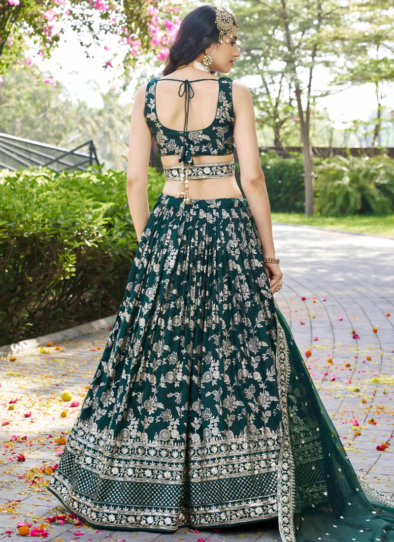 Zari Weaving Sequence Embroidered Dark Green Silk Lehenga Choli Set - Image 5