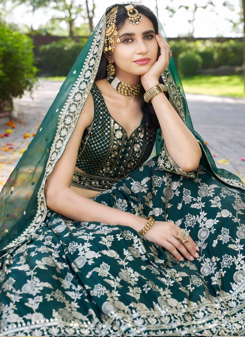 Zari Weaving Sequence Embroidered Dark Green Silk Lehenga Choli Set - Image 6
