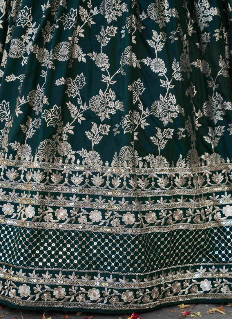 Zari Weaving Sequence Embroidered Dark Green Silk Lehenga Choli Set - Image 8