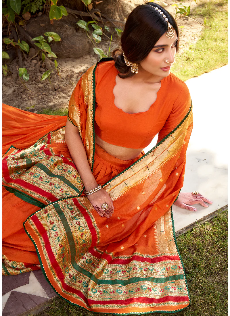 Zari Weaving Work Chanderi Silk Wedding Wear Orange Lehenga Choli - Image 2
