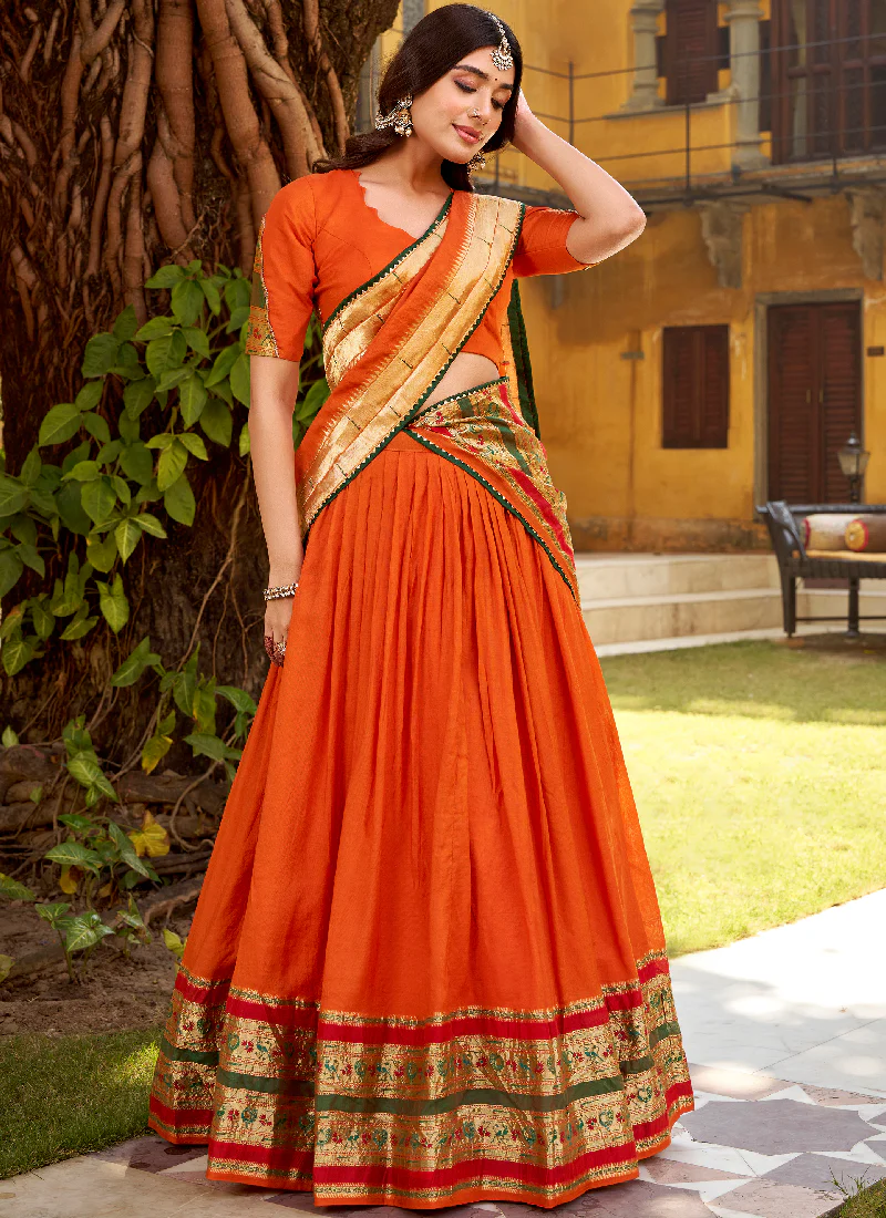 Zari Weaving Work Chanderi Silk Wedding Wear Orange Lehenga Choli - Image 3