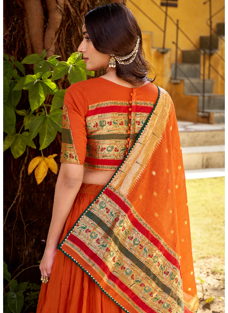 Zari Weaving Work Chanderi Silk Wedding Wear Orange Lehenga Choli - Image 5