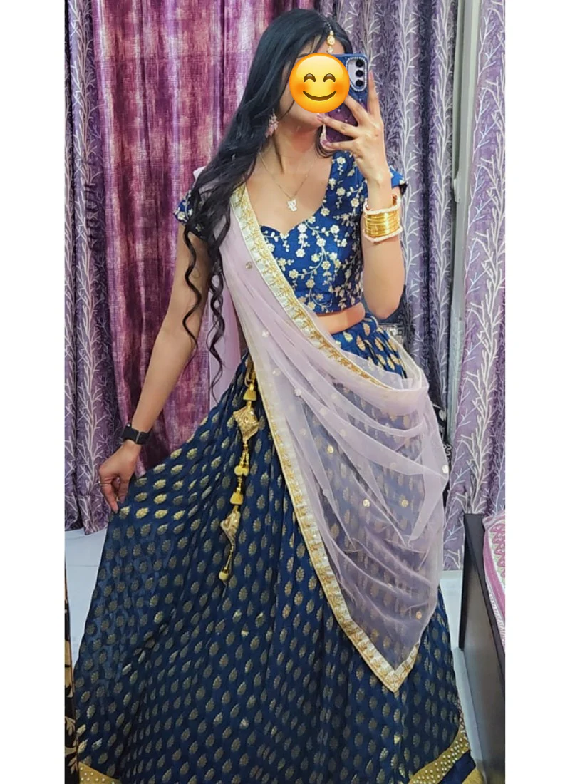 Zari Weaving Work Georgette Banarasi Teal Blue Lehenga Choli - Image 4