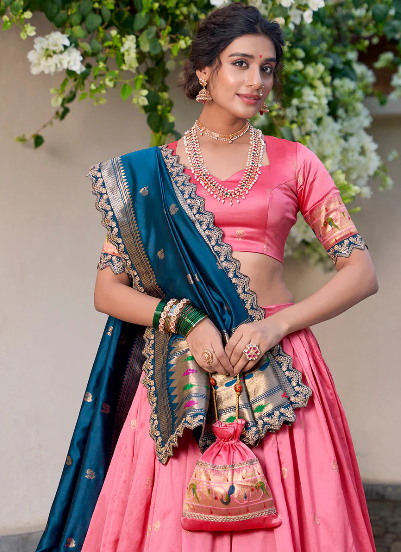 Zari Weaving Work Jacquard Silk Paithani Light Pink Lehenga Choli - Image 2