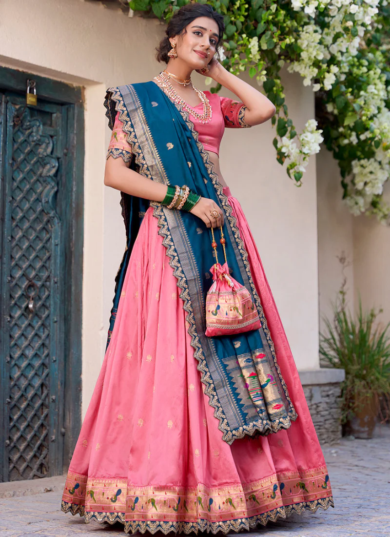 Zari Weaving Work Jacquard Silk Paithani Light Pink Lehenga Choli - Image 3