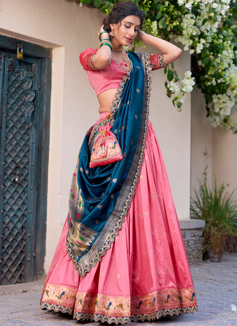 Zari Weaving Work Jacquard Silk Paithani Light Pink Lehenga Choli - Image 4