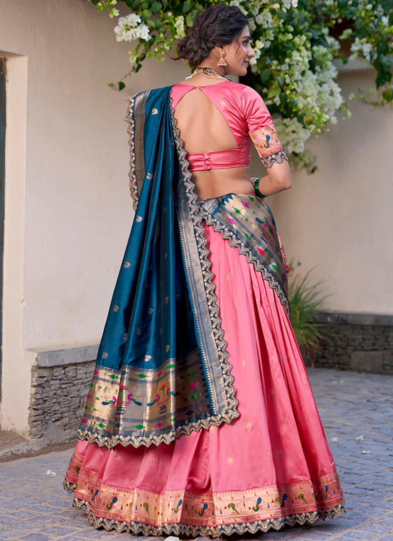 Zari Weaving Work Jacquard Silk Paithani Light Pink Lehenga Choli - Image 5