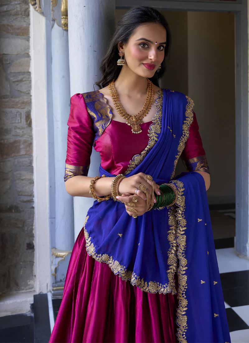 Zari Weaving Work Narayan Pattu Half Saree Lehenga In Pink Color - Image 2