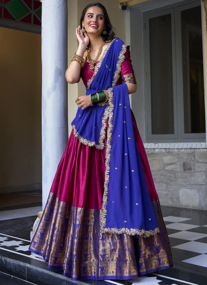 Zari Weaving Work Narayan Pattu Half Saree Lehenga In Pink Color - Image 3
