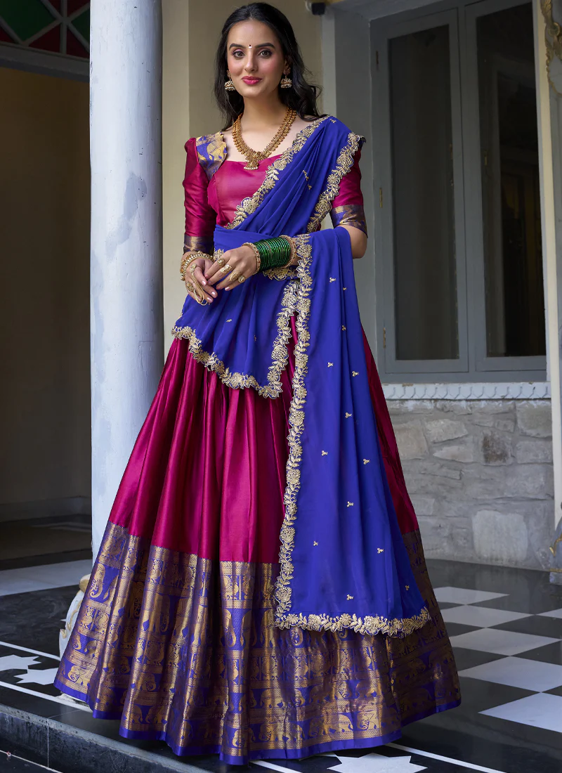 Zari Weaving Work Narayan Pattu Half Saree Lehenga In Pink Color - Image 4