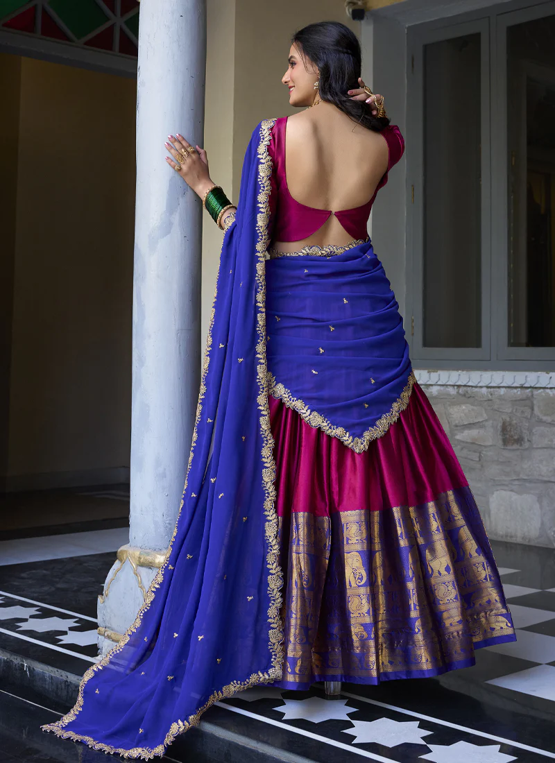 Zari Weaving Work Narayan Pattu Half Saree Lehenga In Pink Color - Image 5